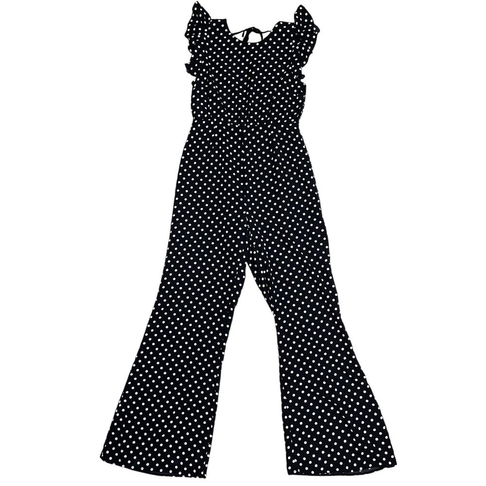 Sugar Lips Black & White Polka Dot Flitter‎ Sleeve Open Back Jumpsuit Size Large